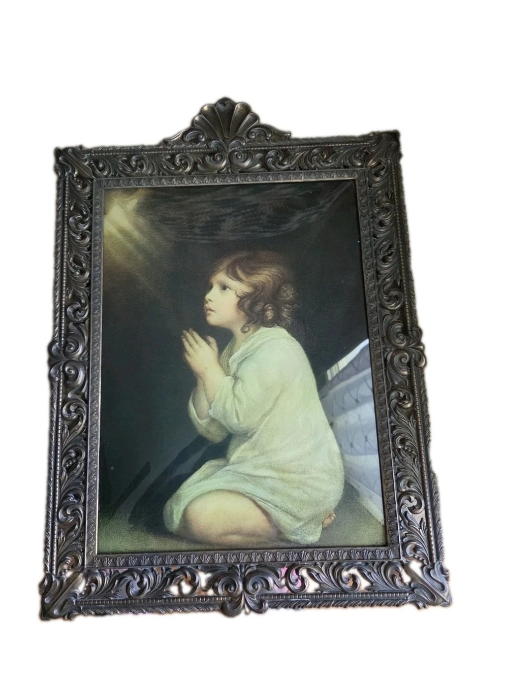 Vintage Infant Samuel In Prayer Ornate Brass Frame Convex Bubble Glass Italy